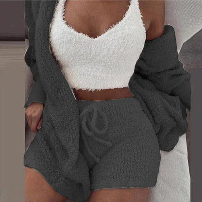 Fluffy Pajamas Kit for Women Plus Size Tank Top Shorts Winter Sleepwear
