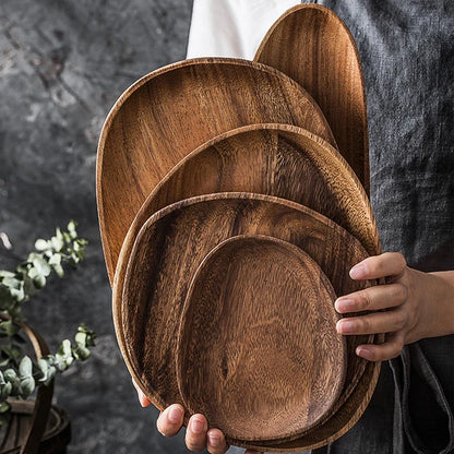 Wooden 5Pcs Storage Tray - Acacia Wood Irregular Oval Tableware, Solid Food Container