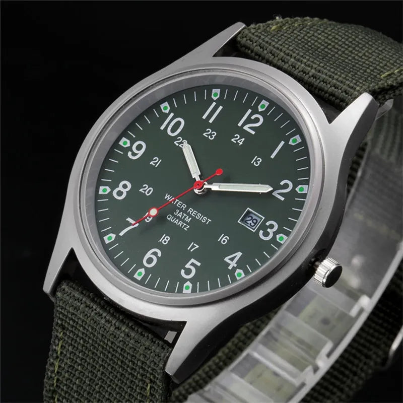 Field Quartz Watch Nylon Strap Military Style Date Luminous