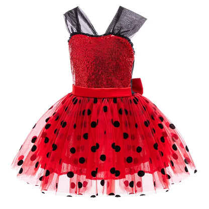 Light girls' Ladybug cosplay costume - sequin bodice with knee-length tulle skirt, polyester, for Halloween
