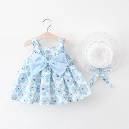 Plush baby girls dress - sleeveless, floral bow-embellished, cotton-polyester blend, for summer outings