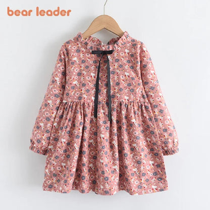 Plush Girls Dress - Long-Sleeve Knee-Length Floral Print, Cotton, For Casual Wear