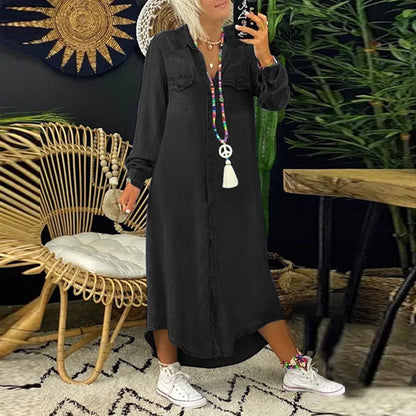 Jeans Shirt Dress Women Long Elegant Splice Dress with Turn Down Collar Summer Fashion