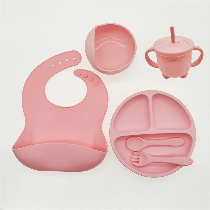 Baby Silicone Tableware Kit 8 Piece Suction Bowls Divided Plate Bib Spoon Fork Fall 2025 Self Feeding Aid