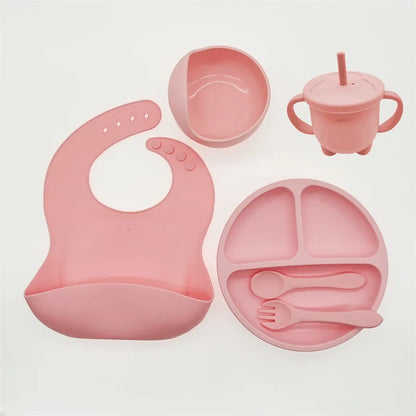 Baby Silicone Tableware Kit 8 Piece Suction Bowls Divided Plate Bib Spoon Fork Fall 2025 Self Feeding Aid