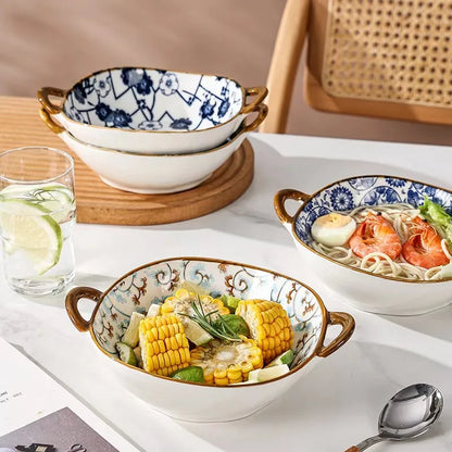 Inch 7.5 Japanese Ceramic Noodle Bowl With Handles Blue