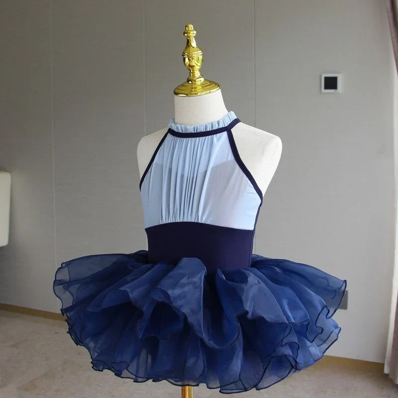 Light girls ballet leotard set - puff-sleeve top, tulle tutu skirt, polyester, for dance class