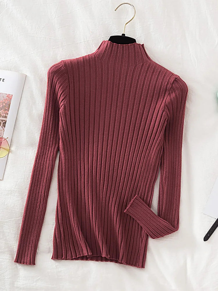 Flattering Stretchy Women Ribbed Sweater - Mock Neck, Knit