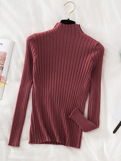 Flattering Stretchy Women Ribbed Sweater - Mock Neck, Knit