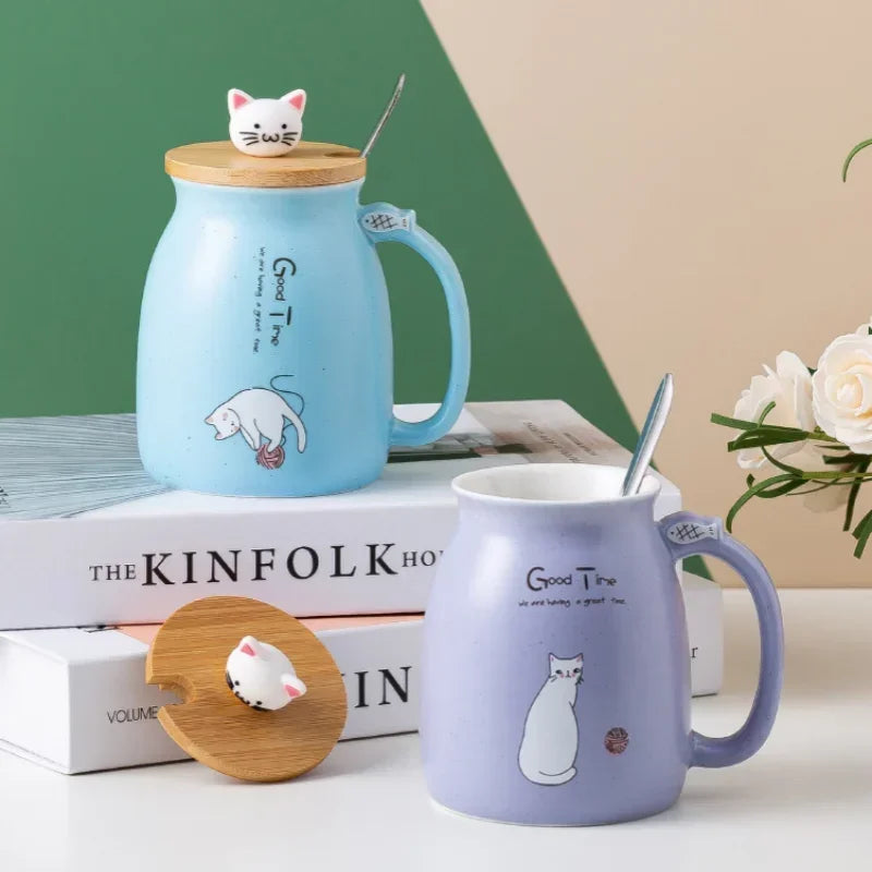 Mug Ceramic With Wooden Lid And Spoon Cute Cartoon Cat Design Gift Ready Spring 2026 Kitchen Essential