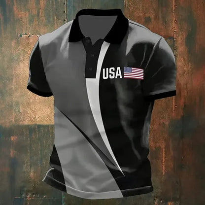 Light men's polo shirt - graphic flag print, cotton, casual summer wear for outdoor events