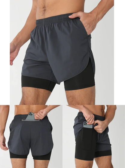 Fast-dry men's 2-in-1 running shorts - lightweight lined, polyester, for gym and summer training