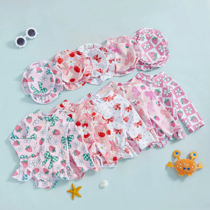 Plush Girls' Rash Guard Swimsuit Kit - Zip-Up, Floral Print, Polyester, With Hat, For Summer Beach And Pool