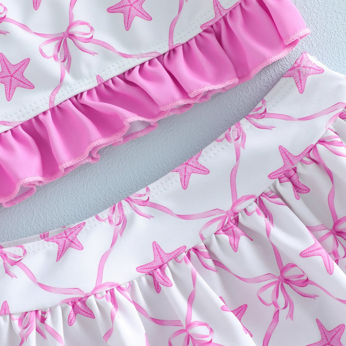 Light girls' bikini set - halter top, starfish print, ruffle trim, polyester, for summer beach