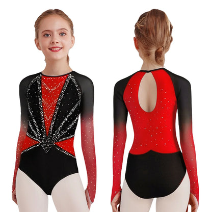 Girls' Stretchy Leotard - flattering, rhinestone-detailed, long-sleeve, mesh-panel, polyester elastane, for gymnastics