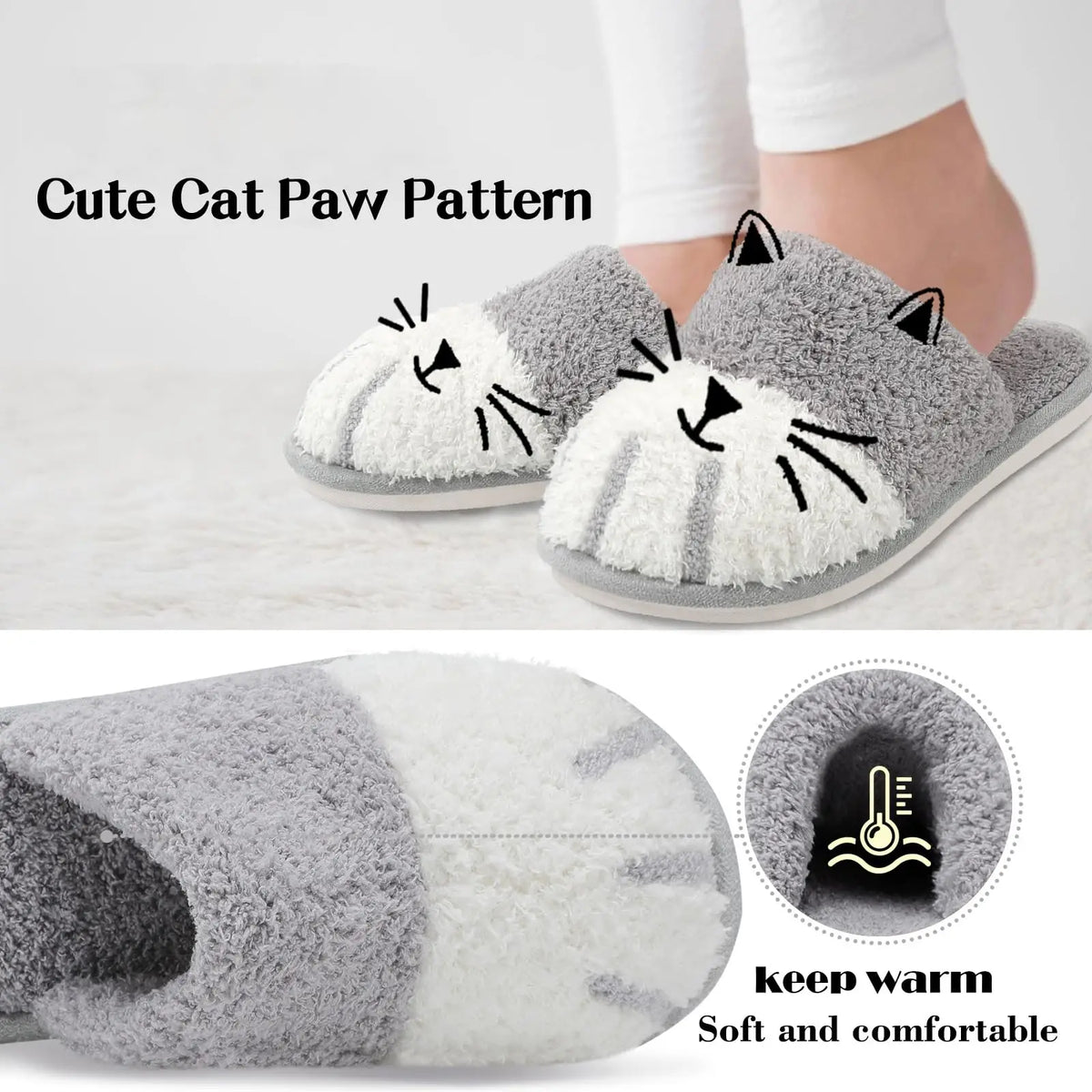Plush, cozy women's slippers - cat paw design, memory foam insole, indoor winter lounging