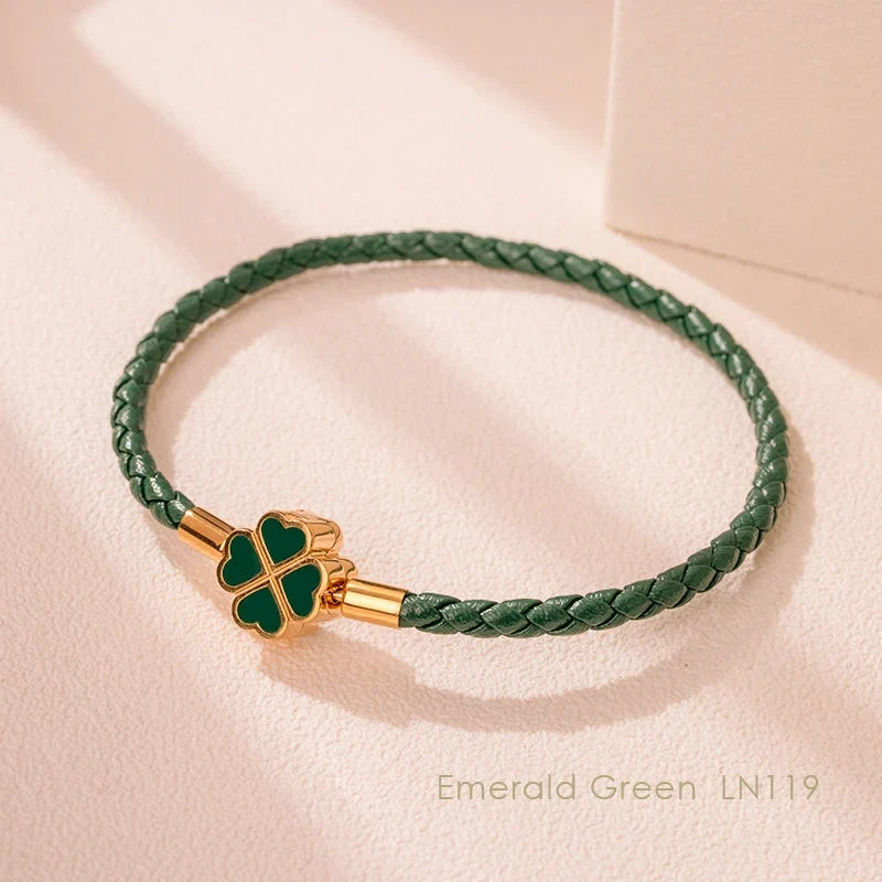 Leaf Four Clover Braided Leather Lucky Bracelet Gift