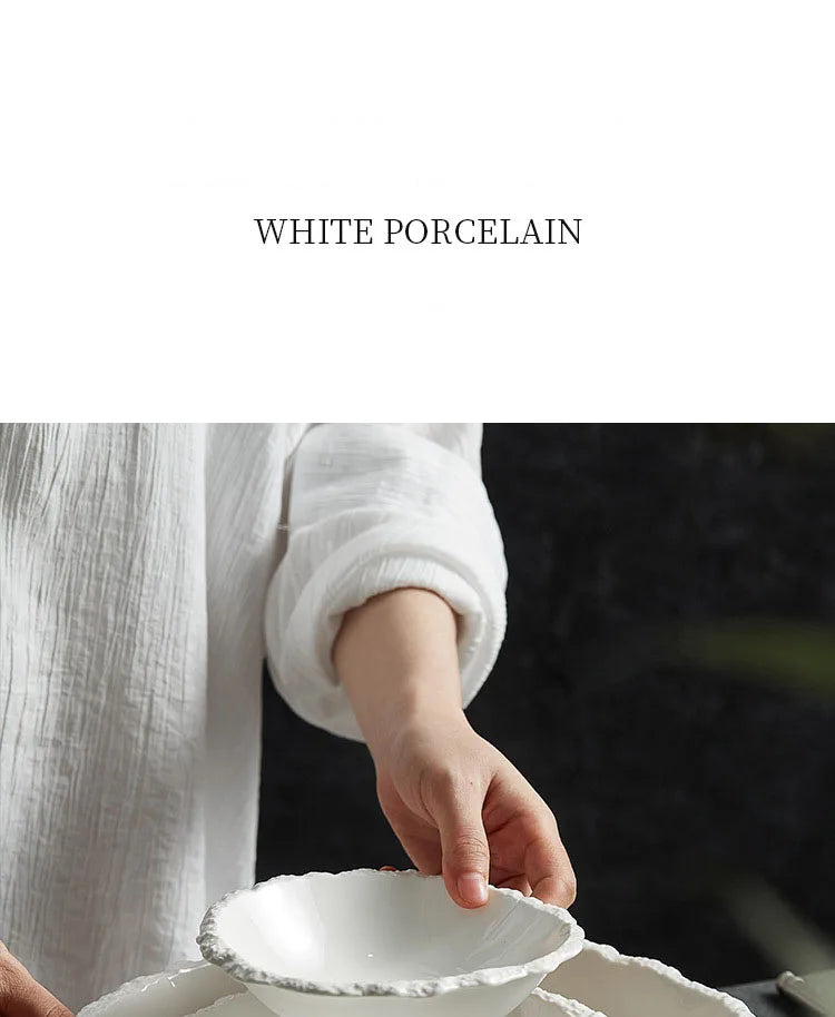 White Porcelain Rock Edge Soup Bowl Contemporary Tableware