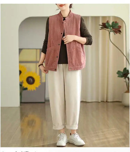 Plush Women's Corduroy Vest - Relaxed Sleeveless, Velvet