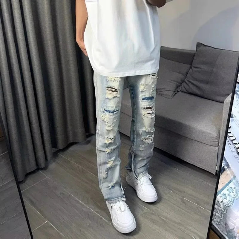 Relaxed Oversized Mens Jeans - Ripped Straight Leg Denim