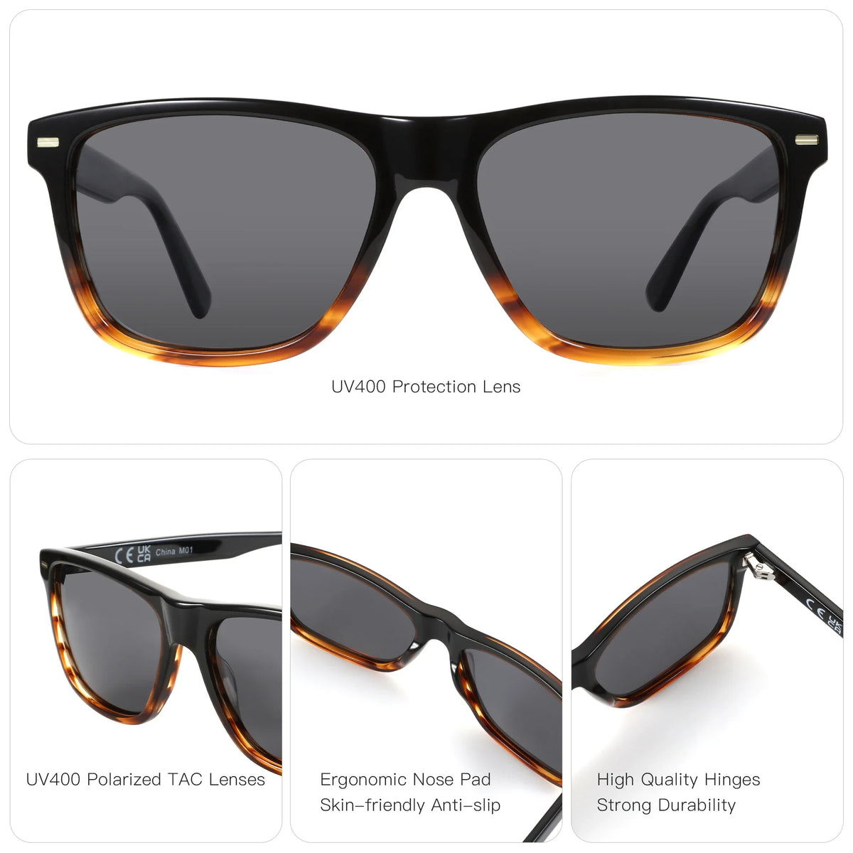 Polarized Sunglasses Square Acetate Frames UV400 Protection Unisex Timeless Design