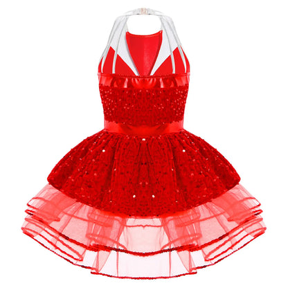 Light girls' leotard - sequined skirted tutu, polyester, for ballet and dance performances