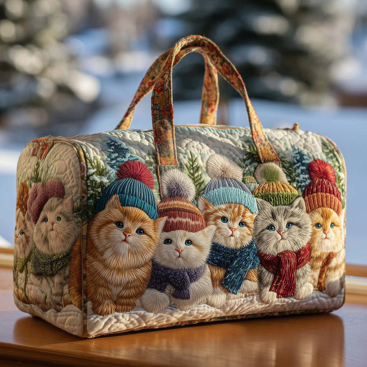 Plush Unisex Travel Tote - Quilted, Cat-Embroidered Fabric, For Beach, Hiking, Camping