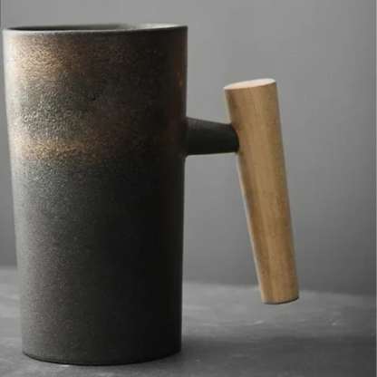 Style Japanese Stoneware Coffee Cup - Handmade Mug with Wooden Handle for Couples