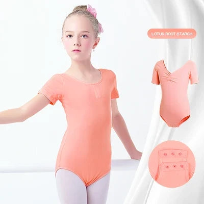 Plush girls' ballet leotard - short sleeve v-neck ruched, cotton knit, for dance practice and classic classes