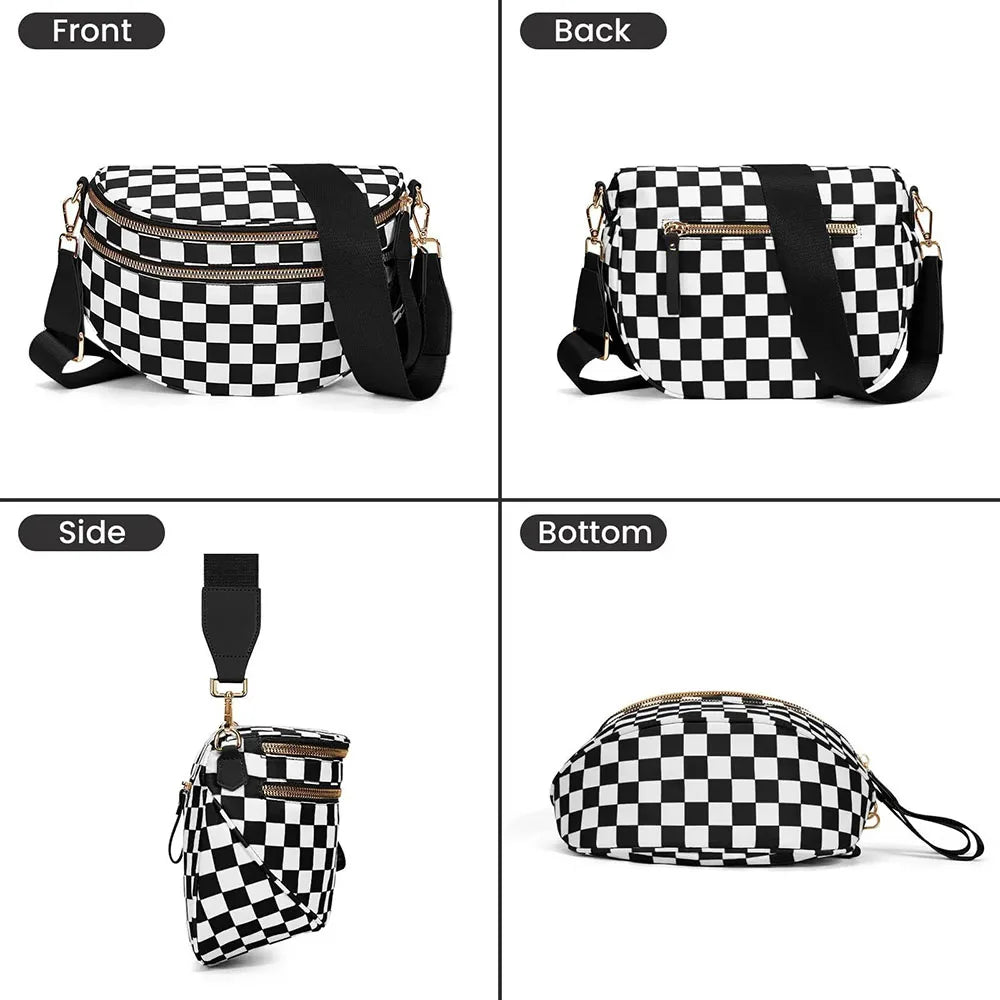 high-capacity sling bag with adjustable strap – Casual women's checkered crossbody shoulder bag