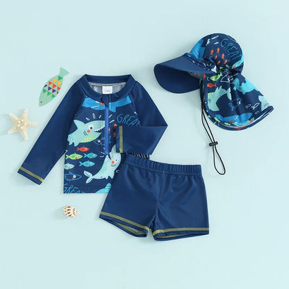 Fast-dry baby boys rash guard swimsuit set - long sleeve zip-up, fish print, polyester, summer beachwear