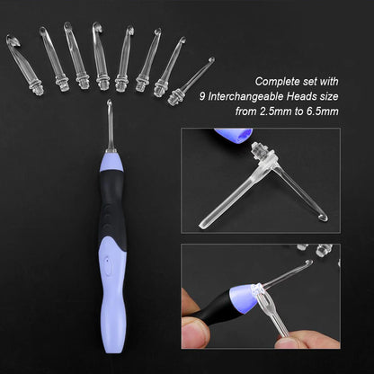 9PCS LED Light Up Crochet Hook Kit - USB Battery-Powered Knitting Device 2.5-6.5MM for DIY Crafts