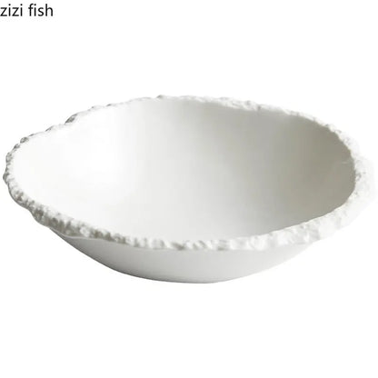 White Porcelain Rock Edge Soup Bowl Contemporary Tableware