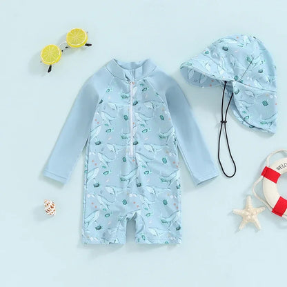 Fast-Dry Baby Rash Guard Swimsuit Kit With Sun Hat - Long Sleeve, Polyester, For Beach And Sun Protection