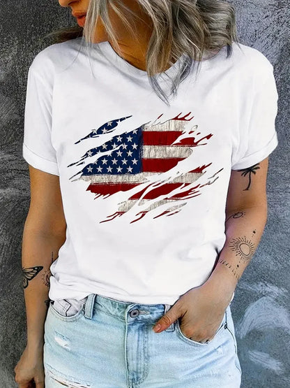 Plush Women's T-Shirt - graphic flag print short sleeve crew neck, casual summer top