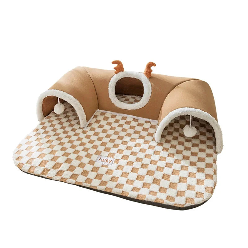 Pet Cat Tunnel Bed House with Peekaboo Plush Toy for Kittens and Compact Pets
