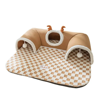 Pet Cat Tunnel Bed House with Peekaboo Plush Toy for Kittens and Compact Pets