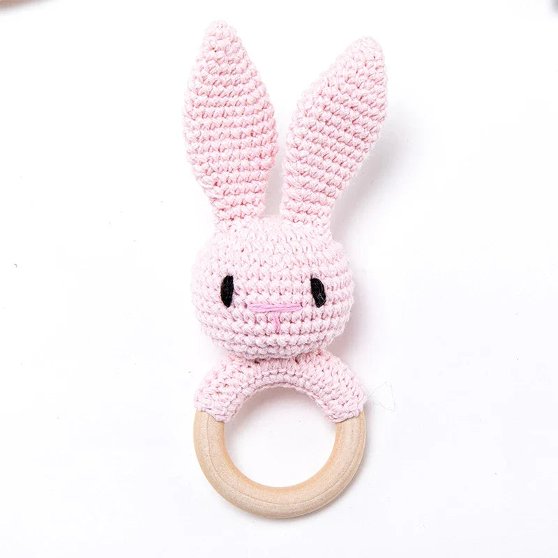 Crochet Wooden Animal Teether Rattle Newborn Sensory Toys