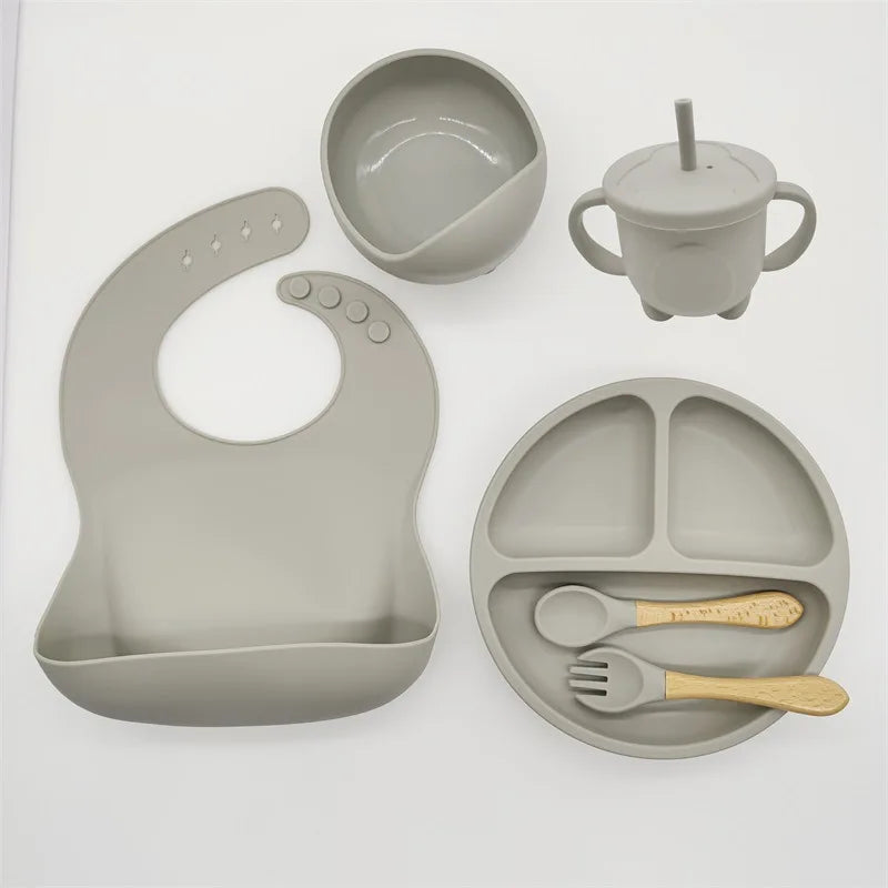 Baby Silicone Tableware Kit 8 Piece Suction Bowls Divided Plate Bib Spoon Fork Fall 2025 Self Feeding Aid