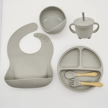 Baby Silicone Tableware Kit 8 Piece Suction Bowls Divided Plate Bib Spoon Fork Fall 2025 Self Feeding Aid