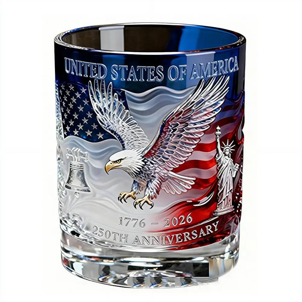 Whiskey Patriotic Glass Hand Blown Eagle Glassware USA 250th Anniversary Rotating Cup Gift Idea