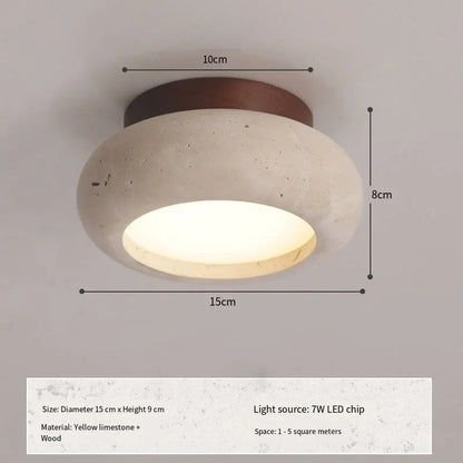 Travertine Japandi Ceiling Light Wood Cap Round Mid Century Lamp
