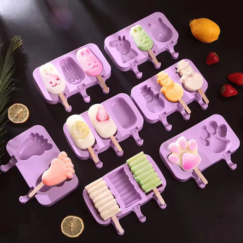 Silicone Ice Cream Mold Kit with Lids, Fun Shapes Ice Pop Maker for Homemade Treats, Simple Release and Dishwasher Safe