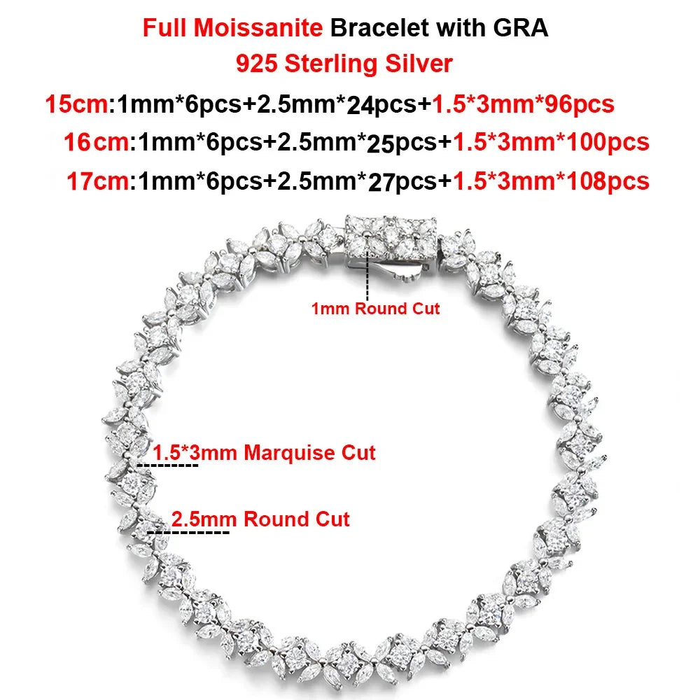 Tennis Moissanite Bracelet Sterling Silver Bridal Floral