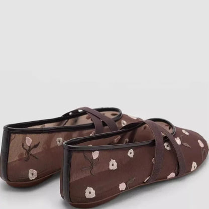 Light Women Ballet Flats - Mary Jane, Embroidered Mesh