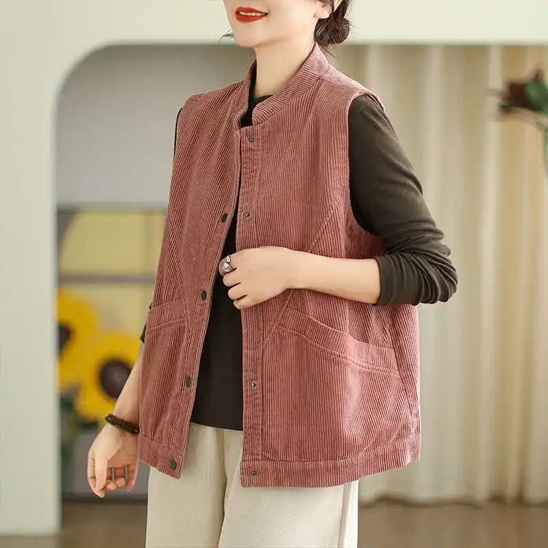 Plush Women's Corduroy Vest - Relaxed Sleeveless, Velvet