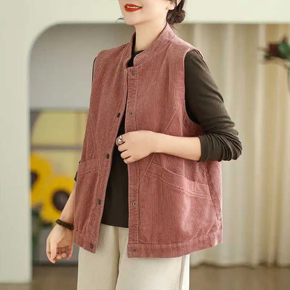 Plush Women's Corduroy Vest - Relaxed Sleeveless, Velvet