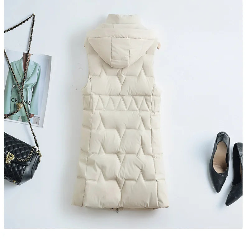 Light Cozy Women Long Puffer Vest - Hooded Down