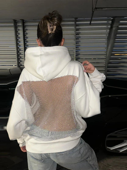 Relaxed Oversized Women’s Hooded Pullover - Boxy Hollow-Back Cut, Blended Fabric With Mesh Back, For Streetwear