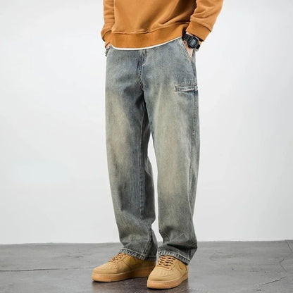 Men's Oversized Denim Jeans - Loose Straight Cut, Washed